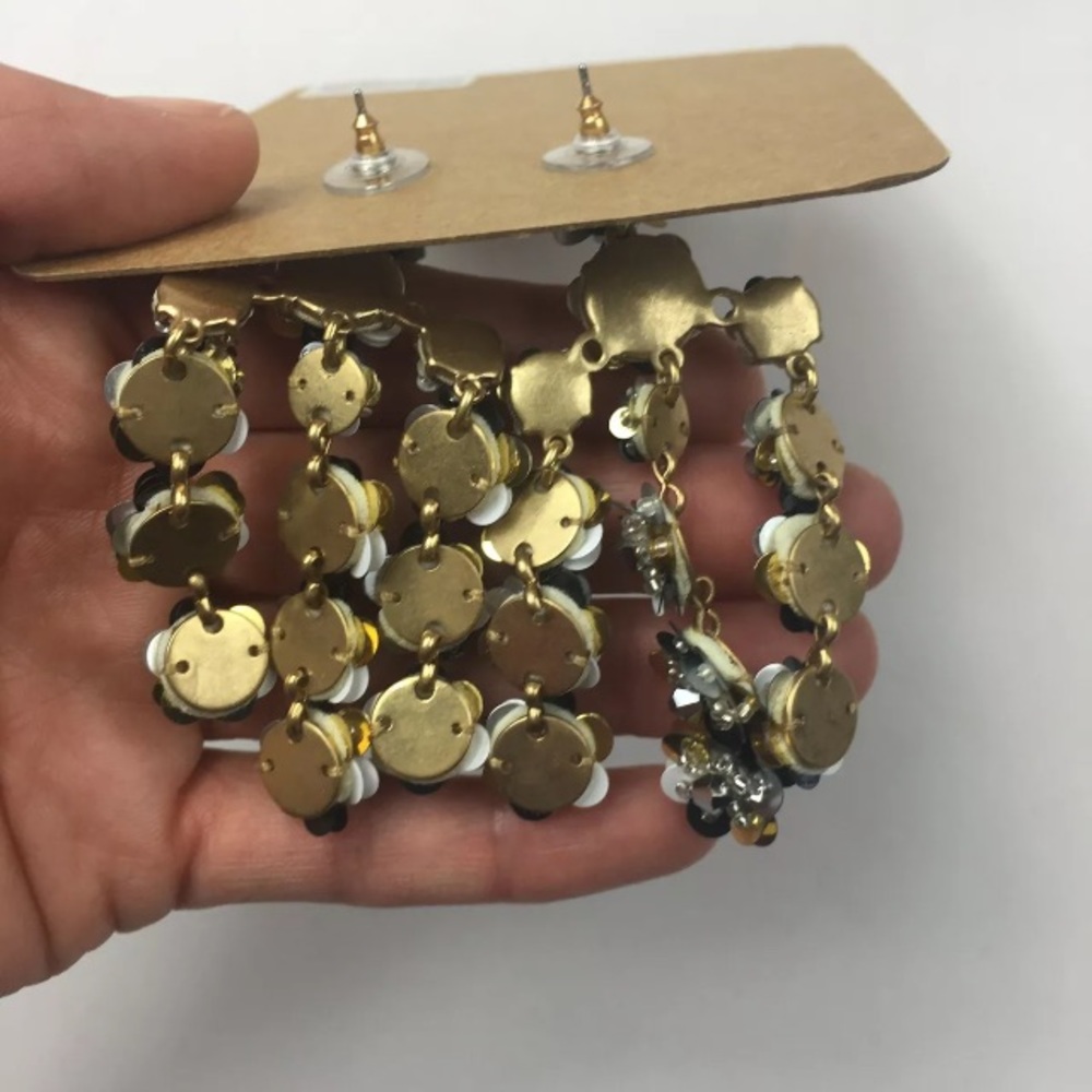 Floral Sequin Chandelier Gold Black White Earrings - Picture 3 of 5